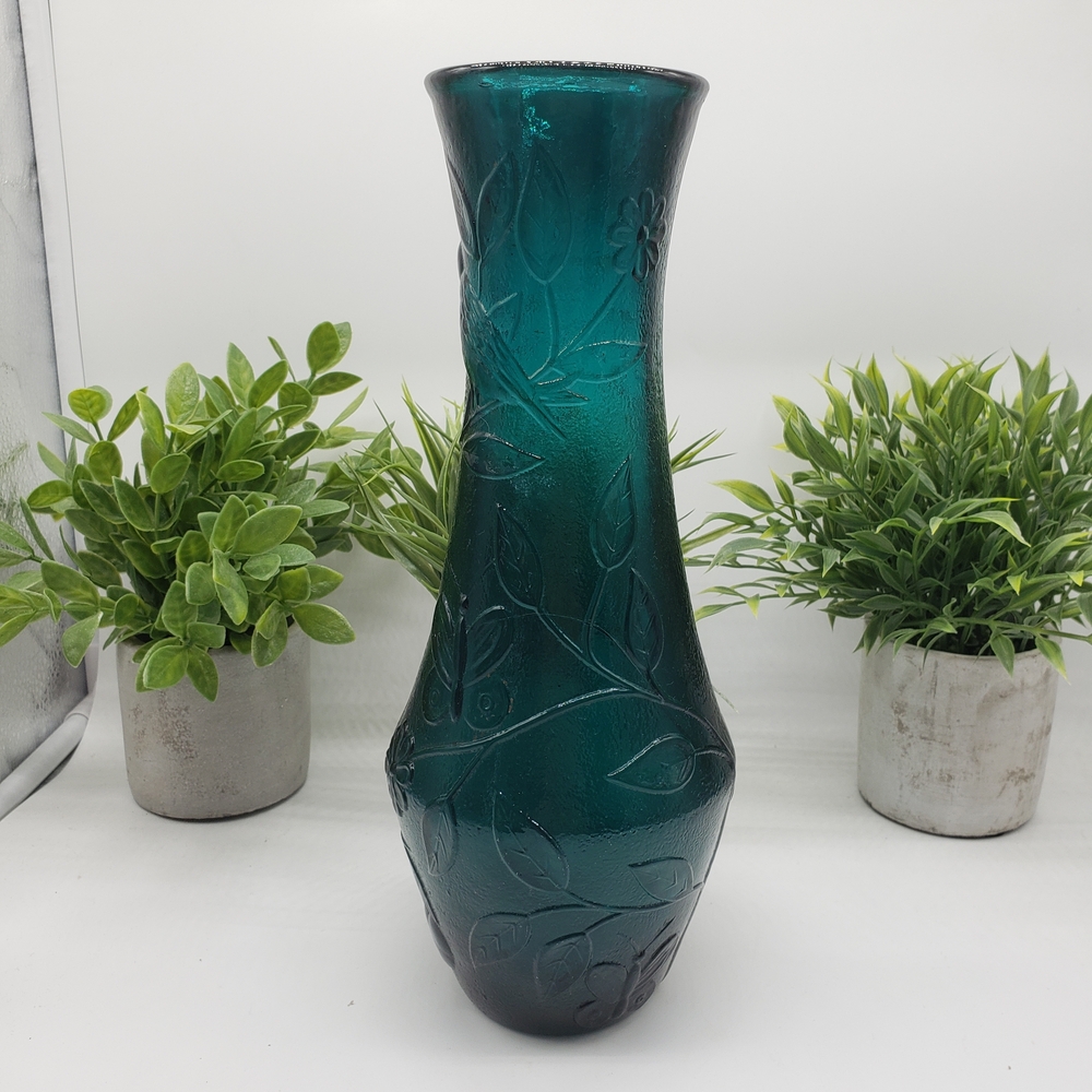 Dark Teal Vintage Embossed Floral Leaf Design Art Glass Vase
